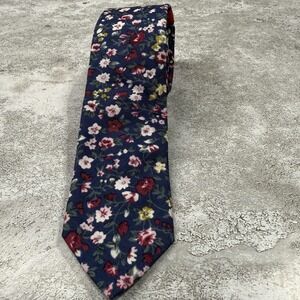 Brand Q Tie‎ Mens One Size Blue Floral 100% Cotton Skinny Slim Necktie Dress